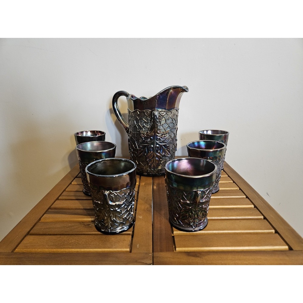 Dugan Maple Leaf Pitcher &‎ 6 tumblers - Amethyst Glass